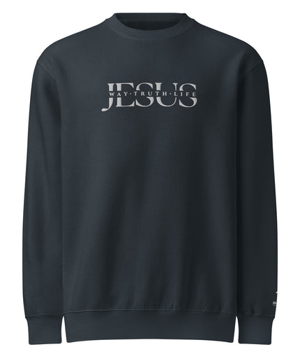 Jesus Way Truth Life Christian sweatshirt in Navy, front view