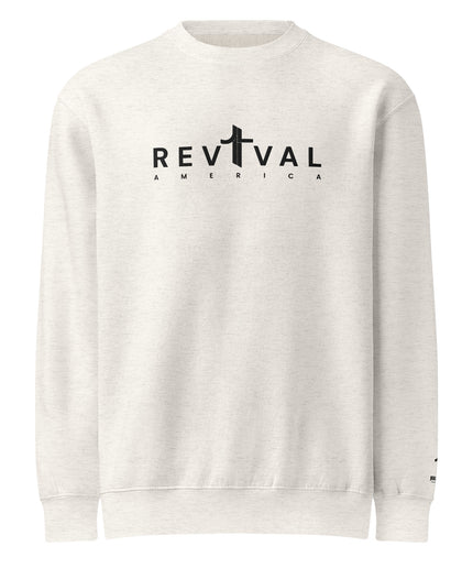 Revival America Christian sweatshirt in Oatmeal Heather, front view