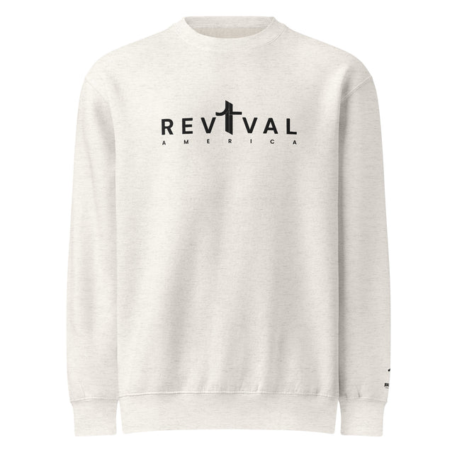 Revival America Christian sweatshirt in Oatmeal Heather, front view