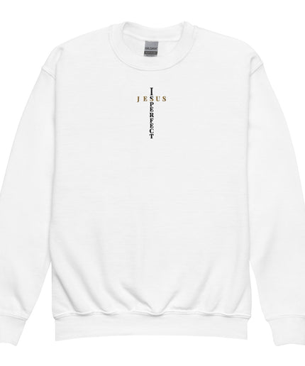 Jesus Is Perfect Christian youth sweatshirt in White, front view