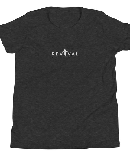 Revival America Christian youth t-shirt in Dark Grey Heather, front view