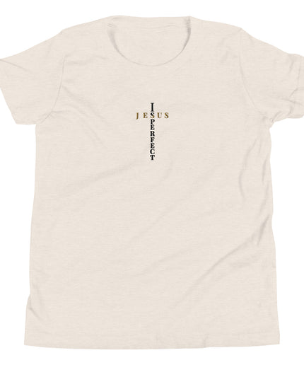 Jesus Is Perfect Christian youth t-shirt in Heather Dust, front view